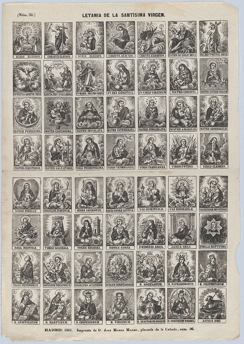 Broadside with 48 scenes relating to the litany of Holy Virgin — José María Marés