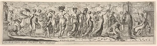 Frieze-like procession of draped women bearing offerings and horns, at right a man cuts a ram's throat before an altar, from a series of twelve frieze-like designs showing bacchanals, sacrifices, and dances