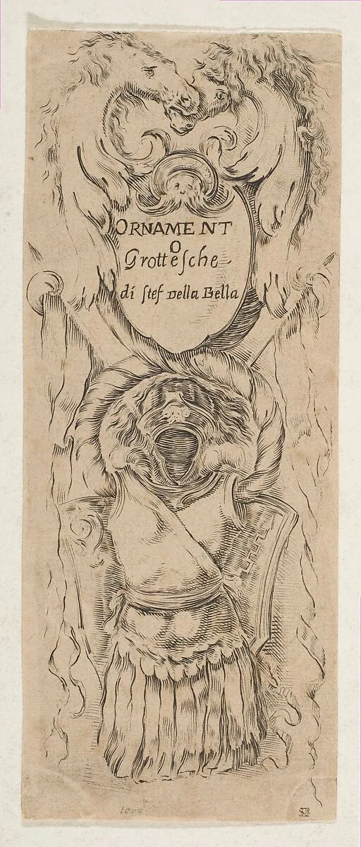 Two Horse Heads Framing a Shield — Stefano della Bella