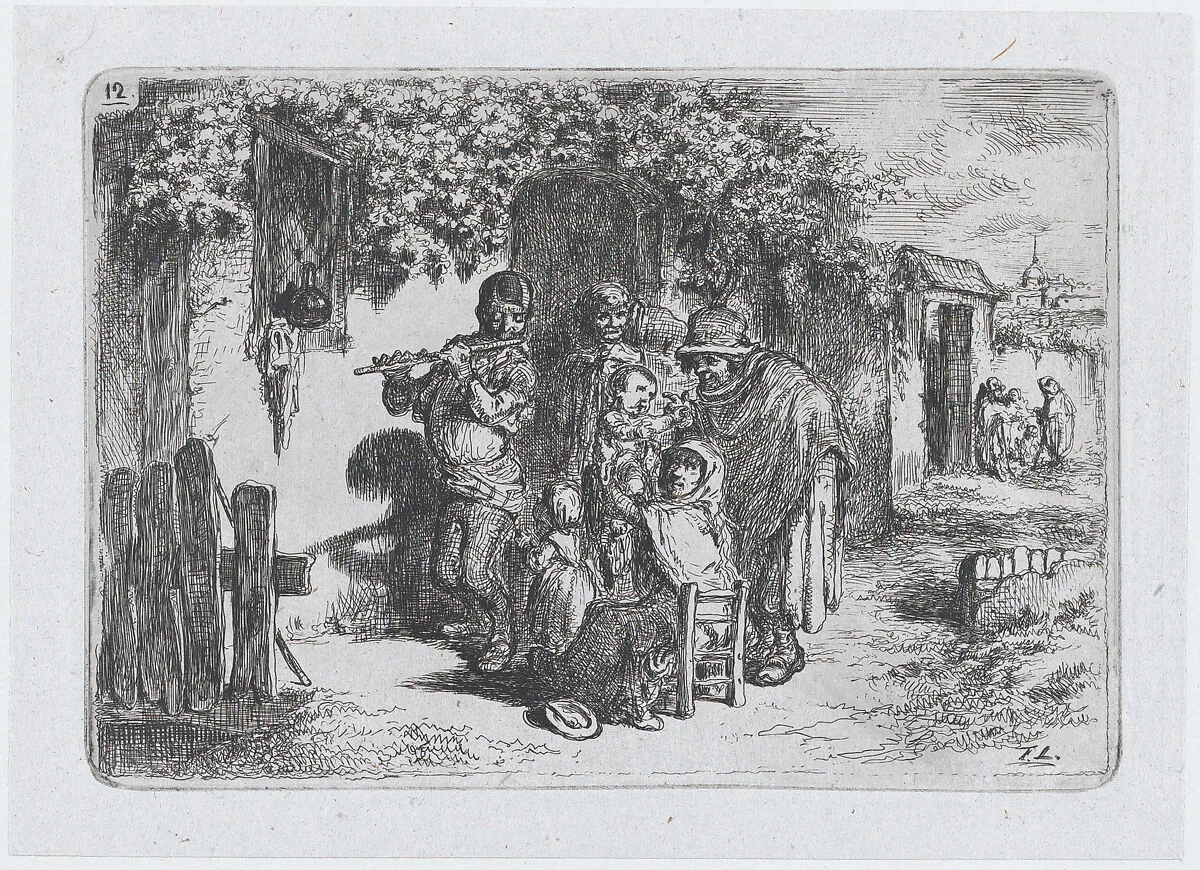 Plate 12: a group of people outdoors including a boy playing a flute, from the series of customs and pastimes of the Spanish people — Francisco Lameyer y Berenguer