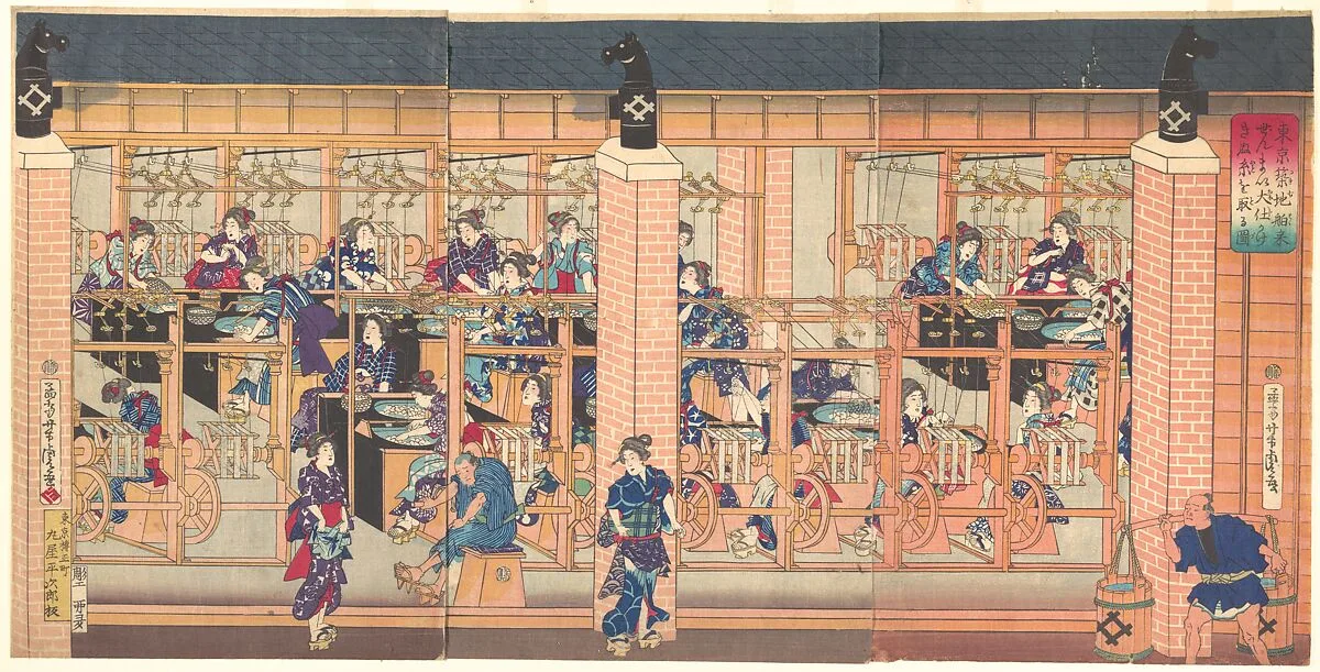 『東京築地舶来ぜんま い大仕かけきぬ糸をとる図』|Imported Silk Reeling Machine at Tsukiji in Tokyo — Utagawa Yoshitora