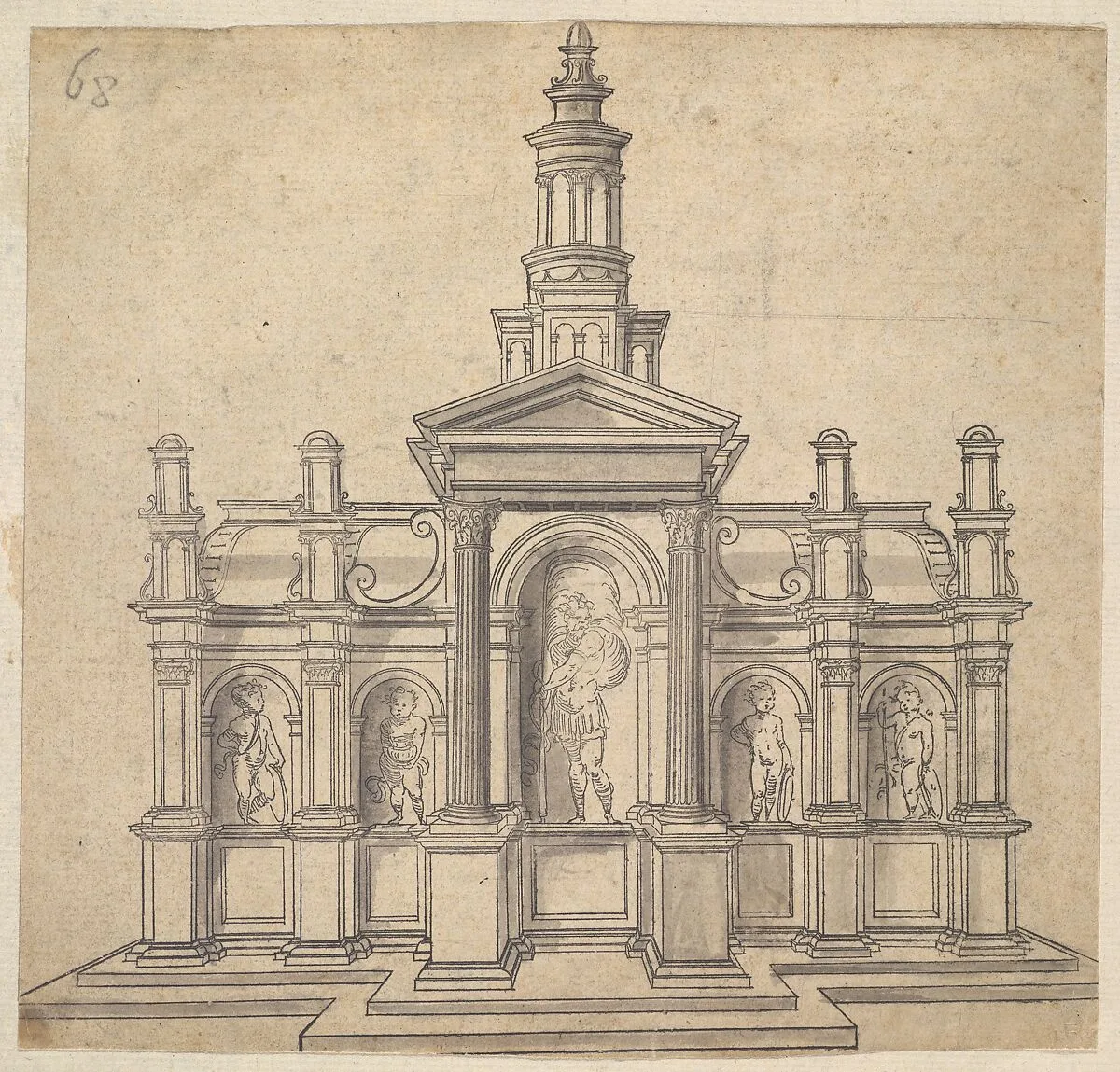 Architecturally-Shaped Tabernacle with a Saint and Four Putti — Anonymous|Jacques Androuet Du Cerceau