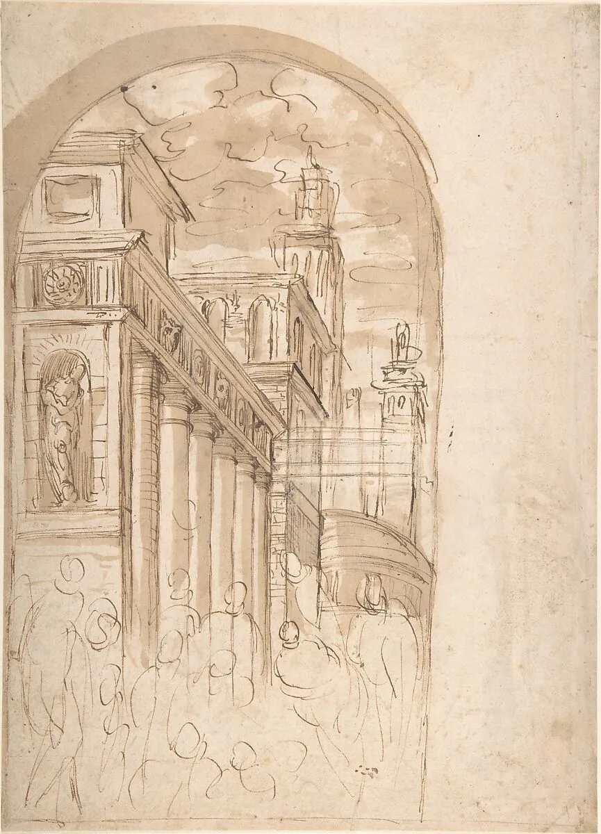 Figures Gathered Before a Group of Buildings, One with a Colonnade (recto); Corner View of a Building all'antica (verso) — Anonymous, Italian, Roman-Bolognese, 17th century