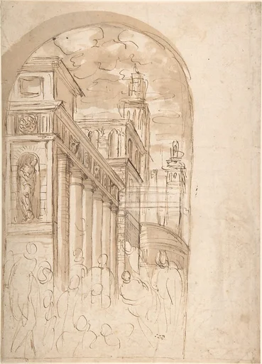 Figures Gathered Before a Group of Buildings, One with a Colonnade (recto); Corner View of a Building all'antica (verso)