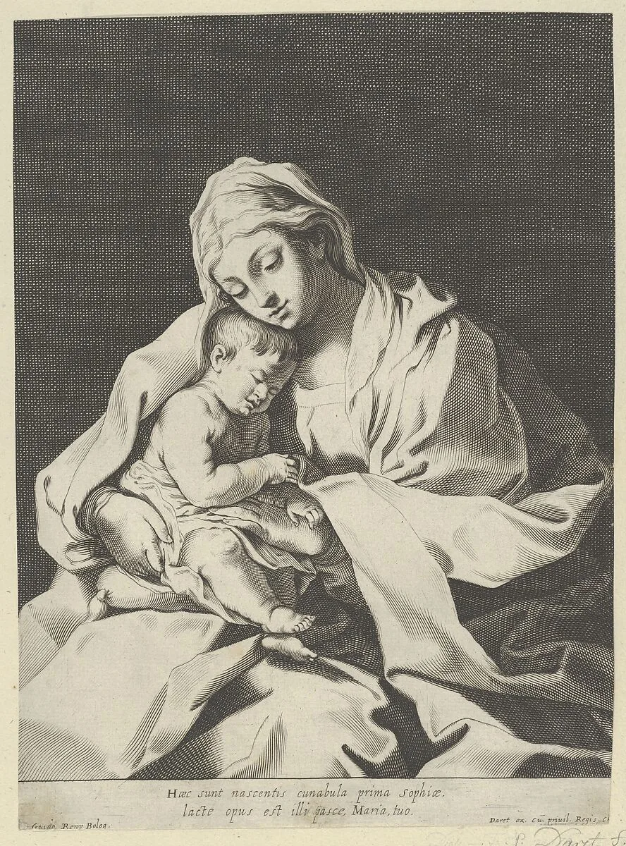 The Virgin holding the infant Christ on her lap, after Reni — Guido Reni|Pierre Daret|Anonymous, 17th century