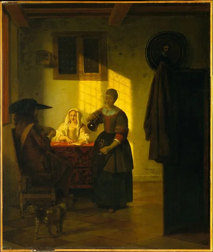 A Couple Playing Cards, with a Serving Woman