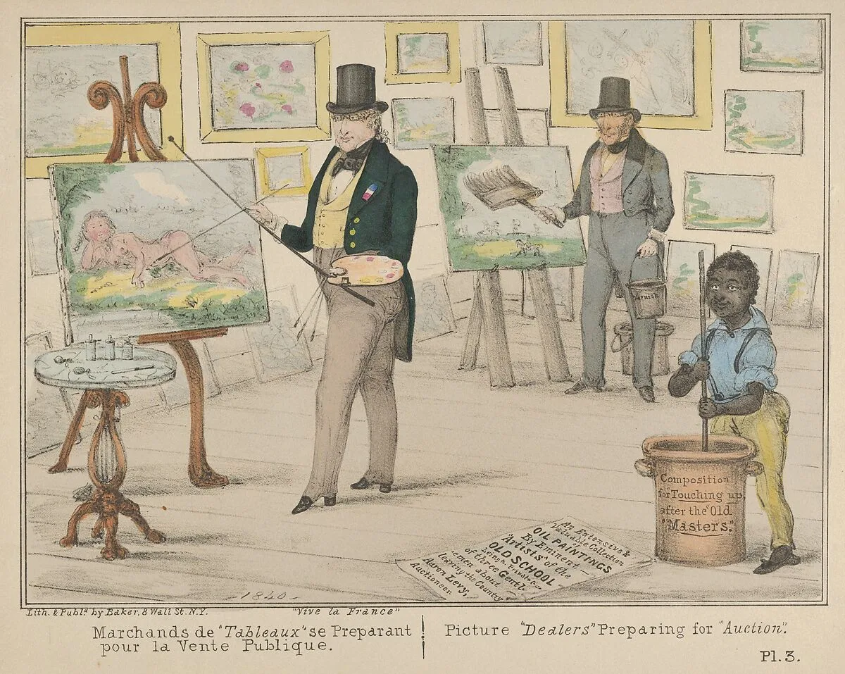 Vive la France, Marchands de "Tableaux" se Preparant pour la Vente Publique / Picture "Dealers" Preparing for "Auction" — Alfred E. Baker