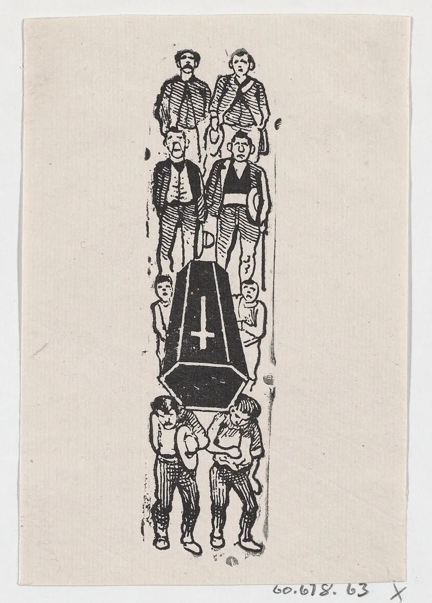 A group of men carrying a coffin with a cross — José Sanchez|José Guadalupe Posada