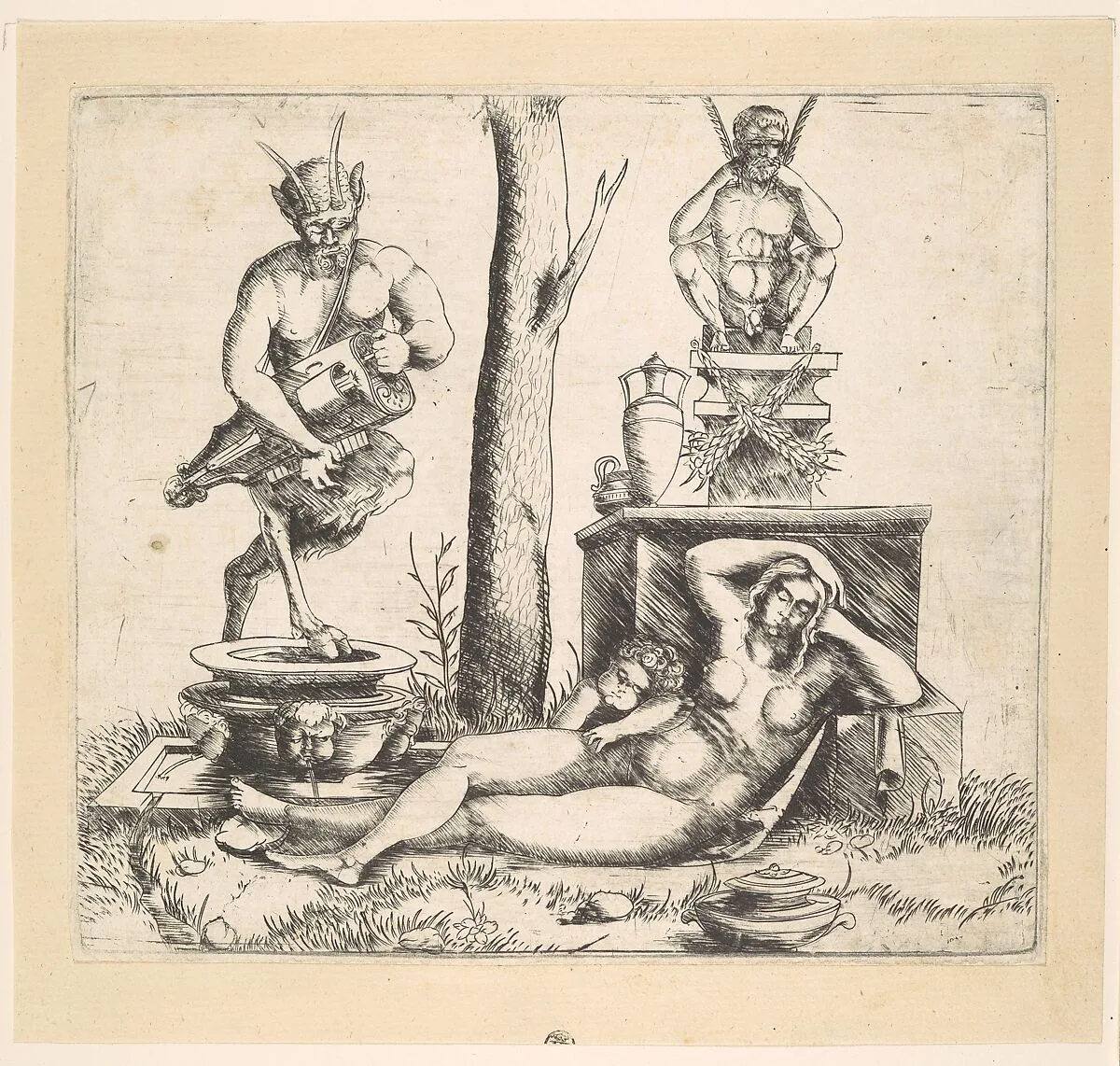 Satyr playing a lyre and a sleeping nymph — Master of 1515