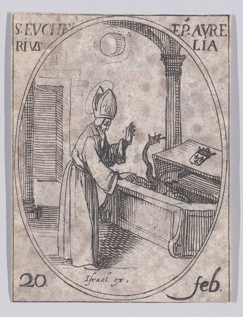 S. Eucher, évêque d'Orléans (St. Eucherius, Bishop of Orleans), February 20th, from "Les Images De Tous Les Saincts et Saintes de L'Année" (Images of All of the Saints and Religious Events of the Year) — Jacques Callot|Israël Henriet