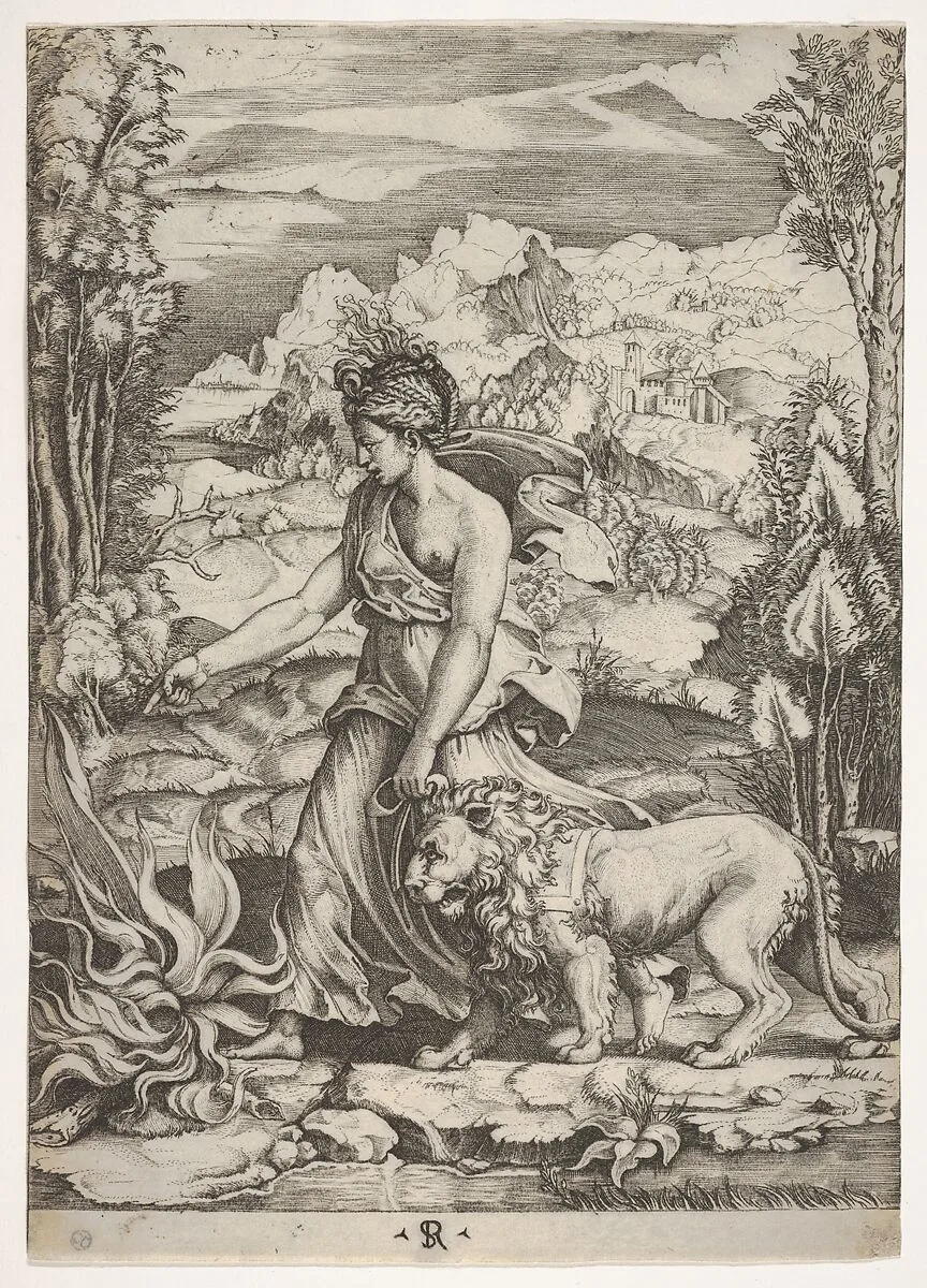 Fortitude in profile view walking toward a fire at left and leading a harnessed lion, a landscape in the background — Raphael (Raffaello Sanzio or Santi)|Marco Dente