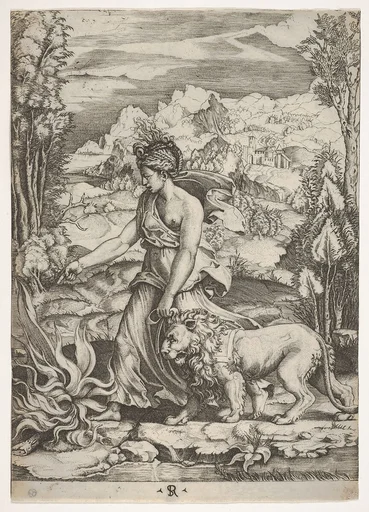 Fortitude in profile view walking toward a fire at left and leading a harnessed lion, a landscape in the background