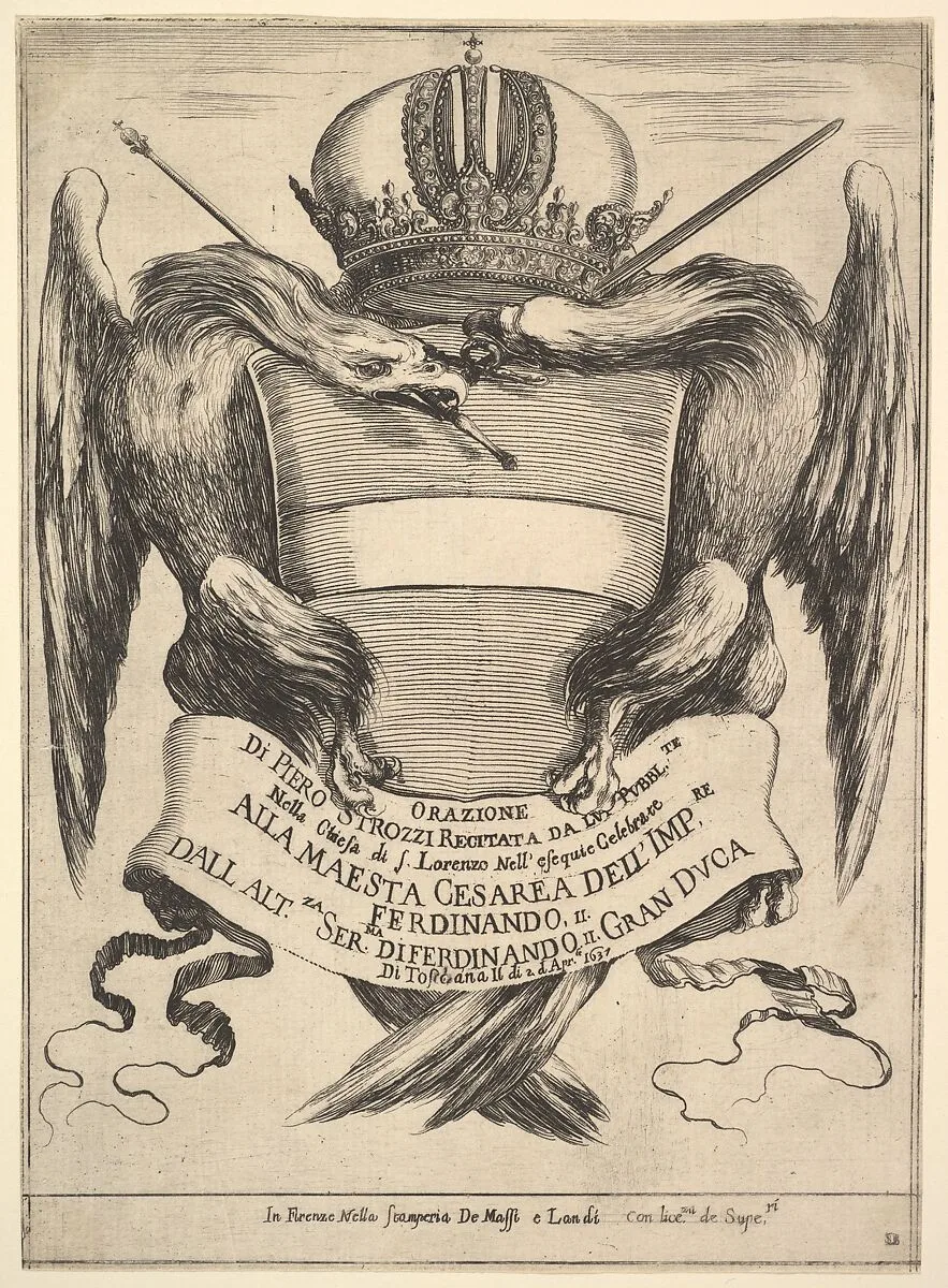 Frontispiece for 'The funeral of Emperor Ferdinand II' (Esequie dell'imperadore Ferdinando II): the imperial coat of arms in center, supported by two eagles, the eagle on the left holding a scepter in its mouth, the eagle on the right holding a sword in its mouth — Stefano della Bella