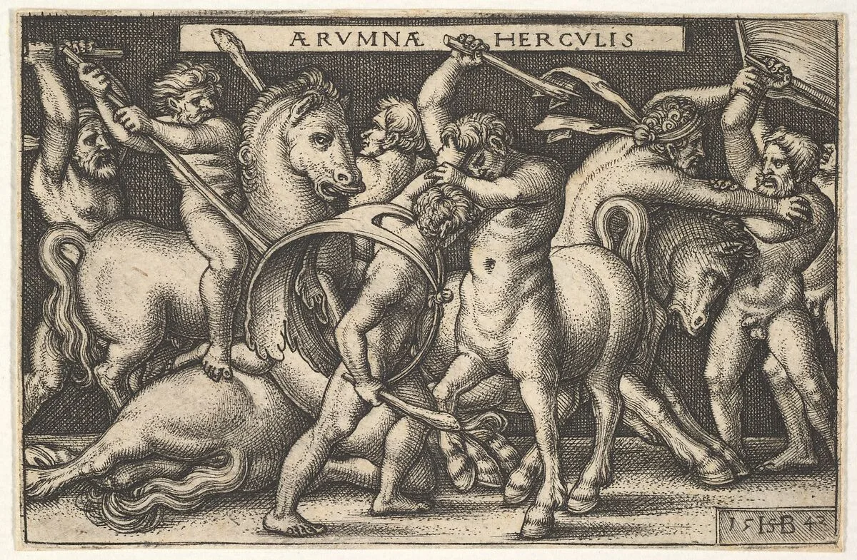 Hercules with his club in center fighting a centaur, other men fighting centaurs to left and right, from 'The labors of Hercules' — Sebald Beham