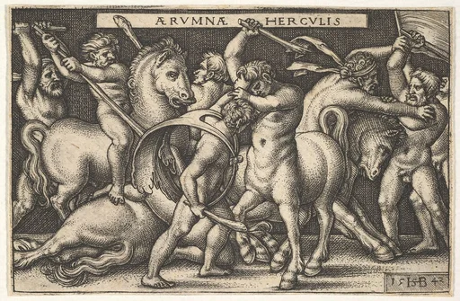Hercules with his club in center fighting a centaur, other men fighting centaurs to left and right, from 'The labors of Hercules'