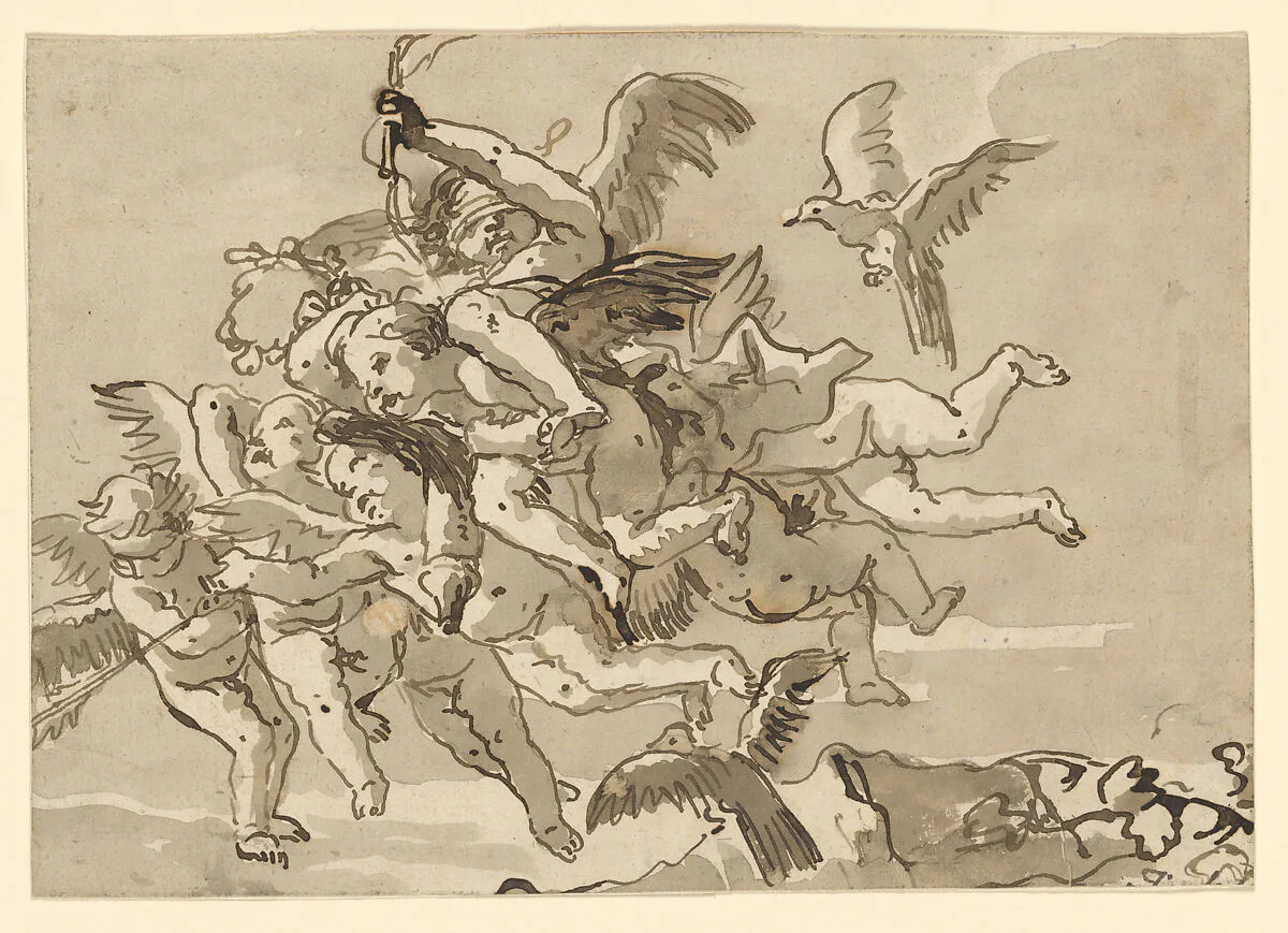 Cupid Blindfolded, Carried Through the Sky by Seven Winged Putti — Giovanni Domenico Tiepolo