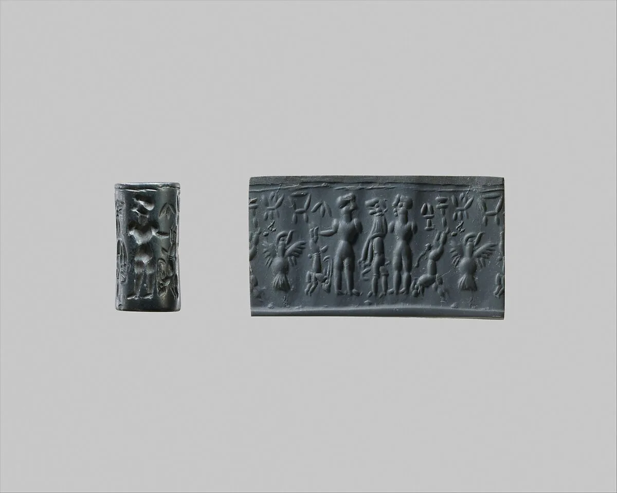 Cylinder seal and modern impression: combat between men and a lion — Unknown