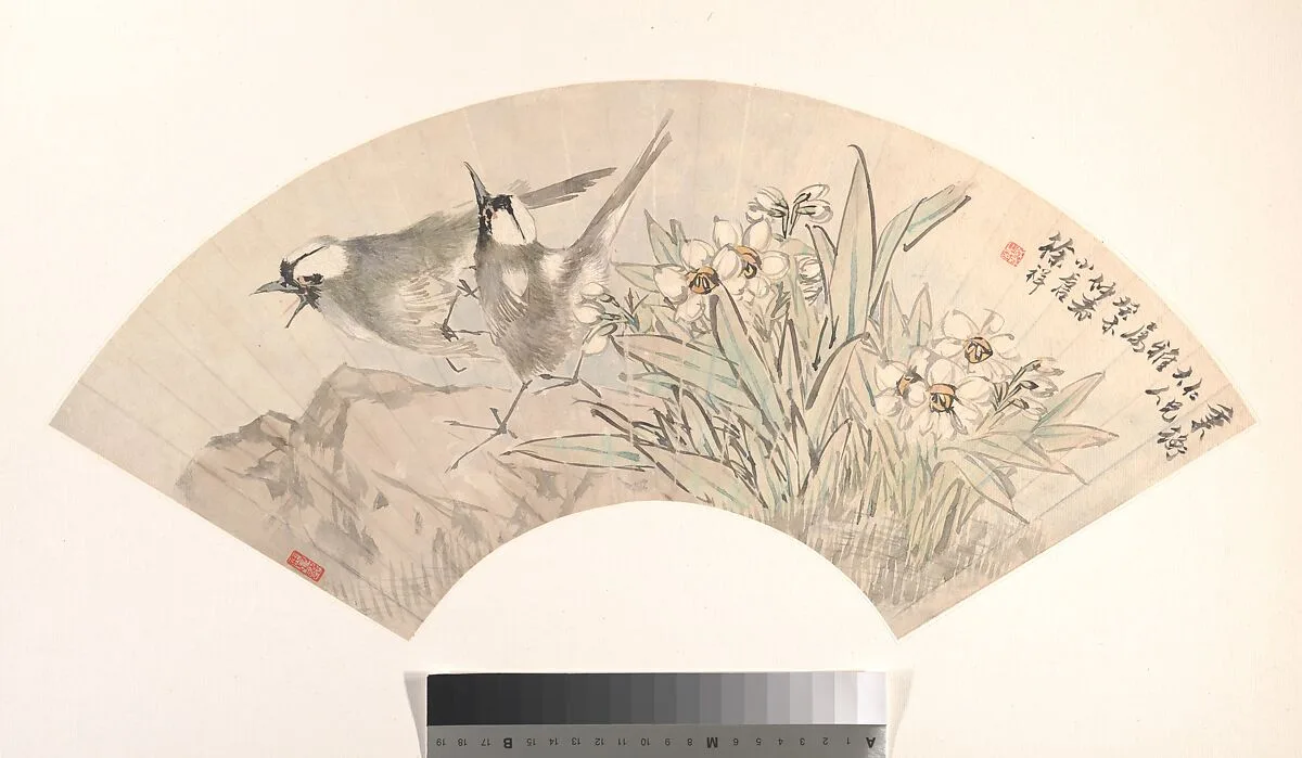 清 徐祥 小鳥水仙 扇面|Birds and Narcissus — Xu Xiang