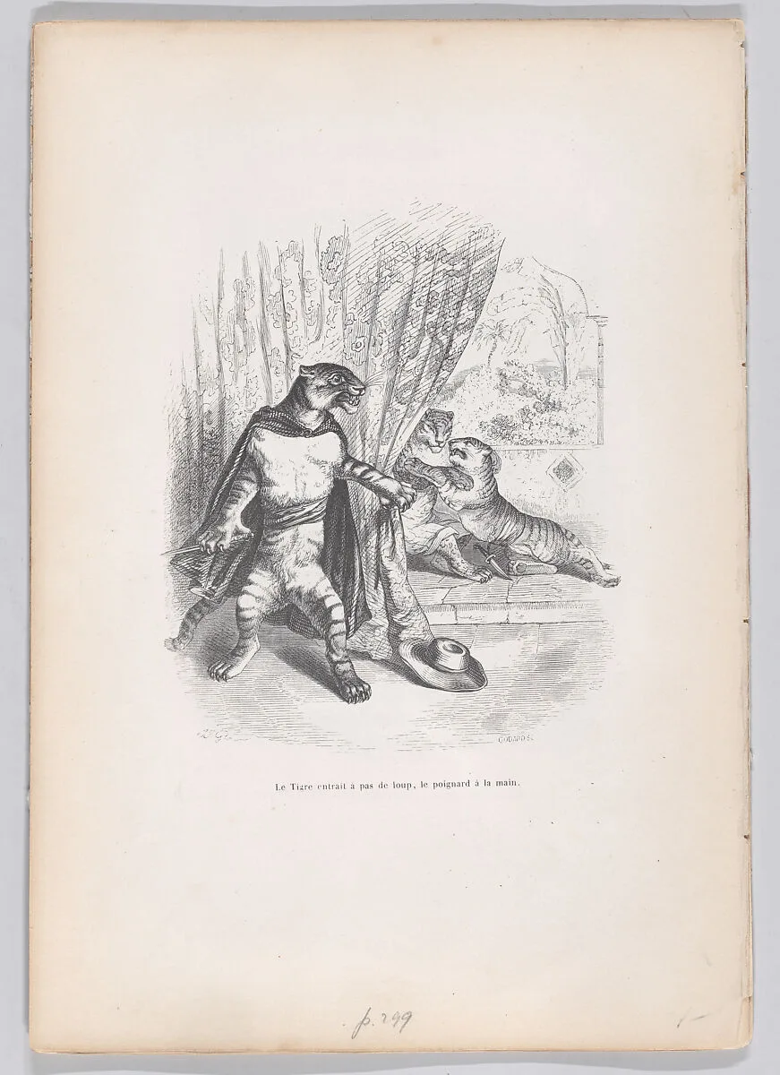 "The Tiger entered stealthily, the dagger in his hand" from Scenes from the Private and Public Life of Animals — Honoré de Balzac|Pierre François Godard|J. J. Grandville