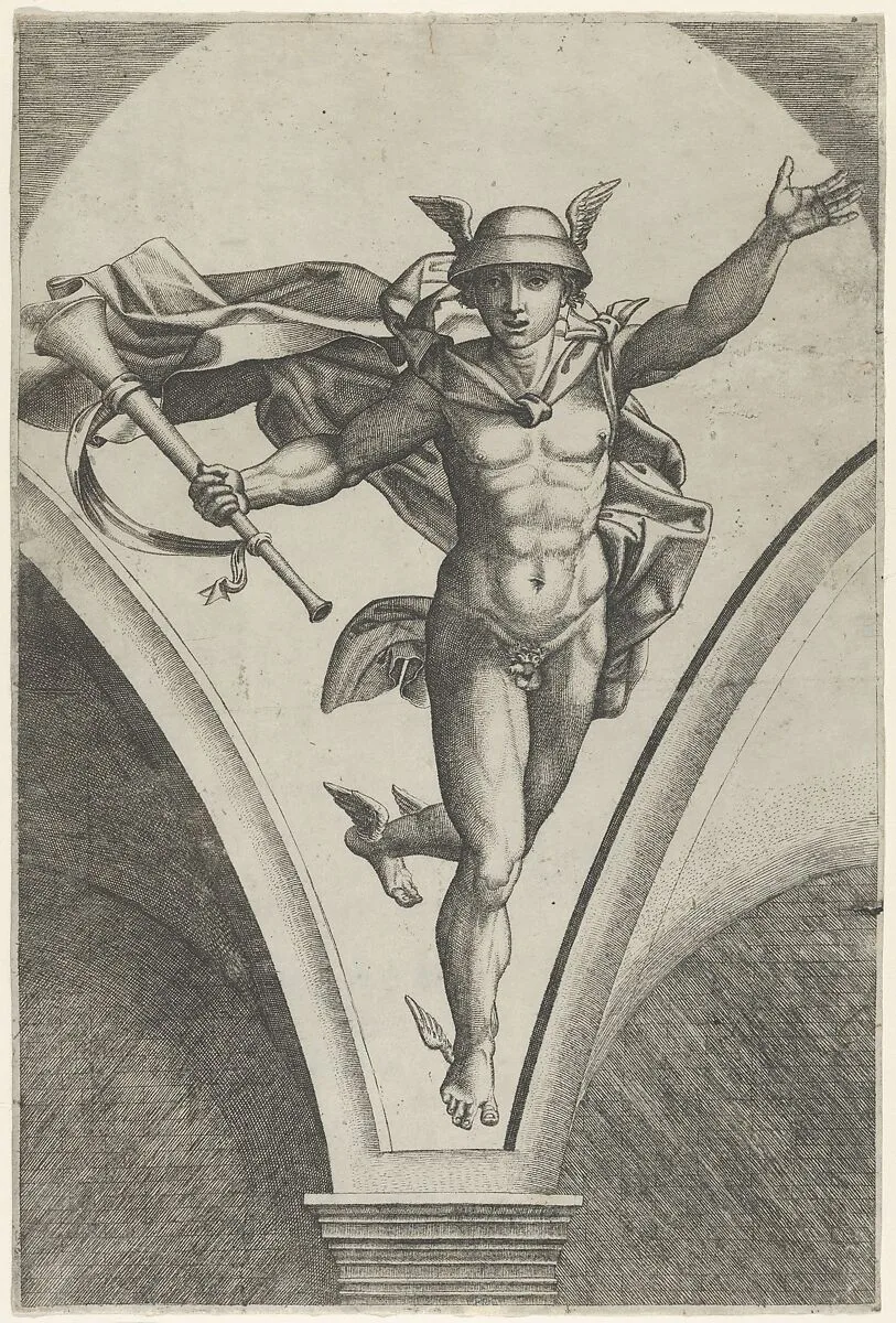 Mercury descending from the sky a trumpet in his right hand, after Raphael's fresco in the Chigi Gallery of the Villa Farnesina in Rome — Raphael (Raffaello Sanzio or Santi)|Marcantonio Raimondi