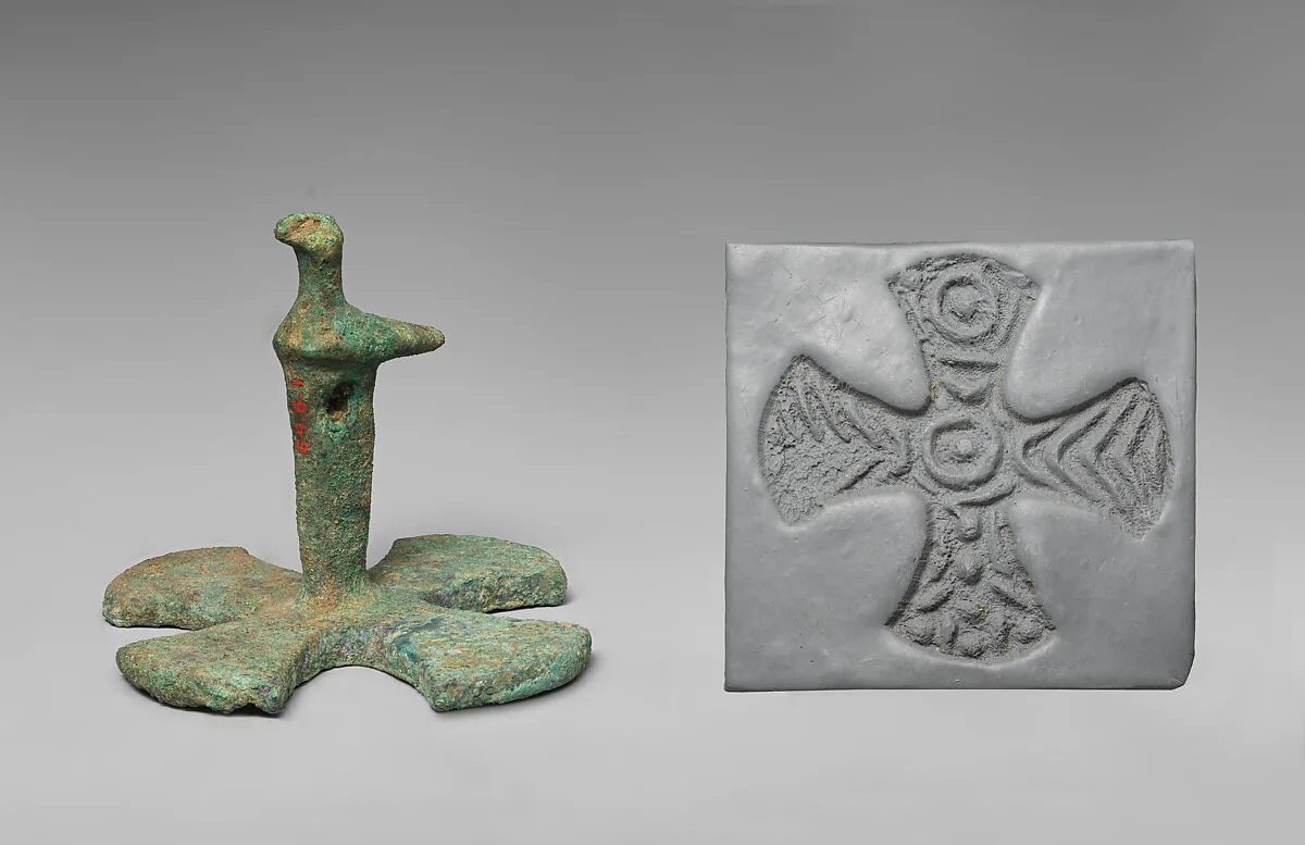 Stamp seal (maltese cross base with bird-shaped handle) with geometric design — Unknown