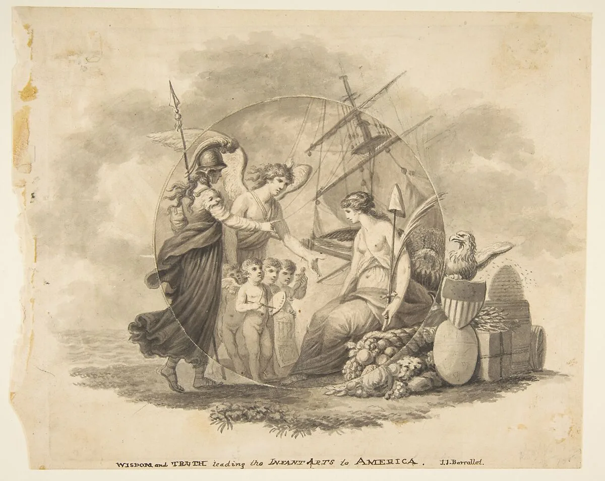 Allegories of Wisdom and Truth Leading the Infant Arts to America — John James Barralet