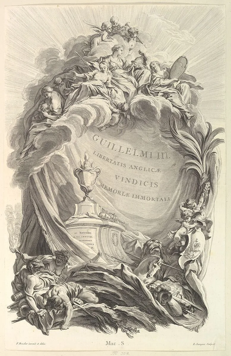 Frontispice pour le "Tombeau de Guillaume III" (Frontispiece for the Tomb of William III), from Tombeaux des Princes, des Grands Capitaines et autres Hommes illustres (Tombs of Princes, Great Captains, and other Illustrious Men) — Pierre Louis Surugue|François Boucher|Eugene MacSwiny
