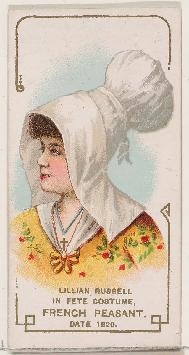 Lillian Russell in Fete Costume of French Peasant of 1820, from the set Actors and Actresses, First Series (N70) for Duke brand cigarettes — W. Duke, Sons & Co.|Knapp & Company
