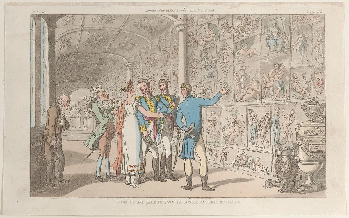 Don Luigi Meets Donna Anna in the Museum — Rudolph Ackermann, London|Lewis Engelbach|Thomas Rowlandson