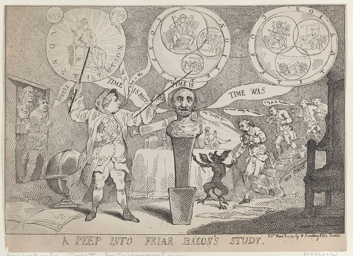 A Peep into Friar Bacon's Study — The Right Honorable Edmund Burke|William Humphrey|George III, King of Great Britain and Ireland|Frederick North, 2nd Earl of Guilford|Thomas Rowlandson|Charles James Fox