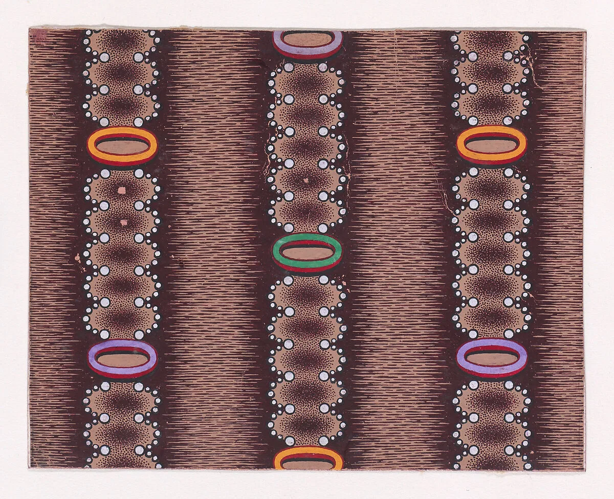 Textile Design with Vertical Garlands Bordered with Pearls Aligned to Form a Pattern of Semicircles Decorated with Oval-Shaped Rings Over a Glitched Background — Anonymous, Alsatian, 19th century