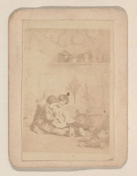 Children seated playing with dog trade card (W500) — Unknown