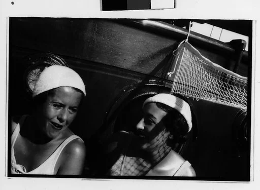 [Three 35mm Film Frames: South Seas: Polly Campbell and Isabelle Jennings Aboard the Cressida]