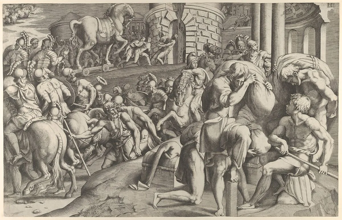 The Trojans hauling the wooden horse into Troy — Giulio Bonasone|Francesco Primaticcio