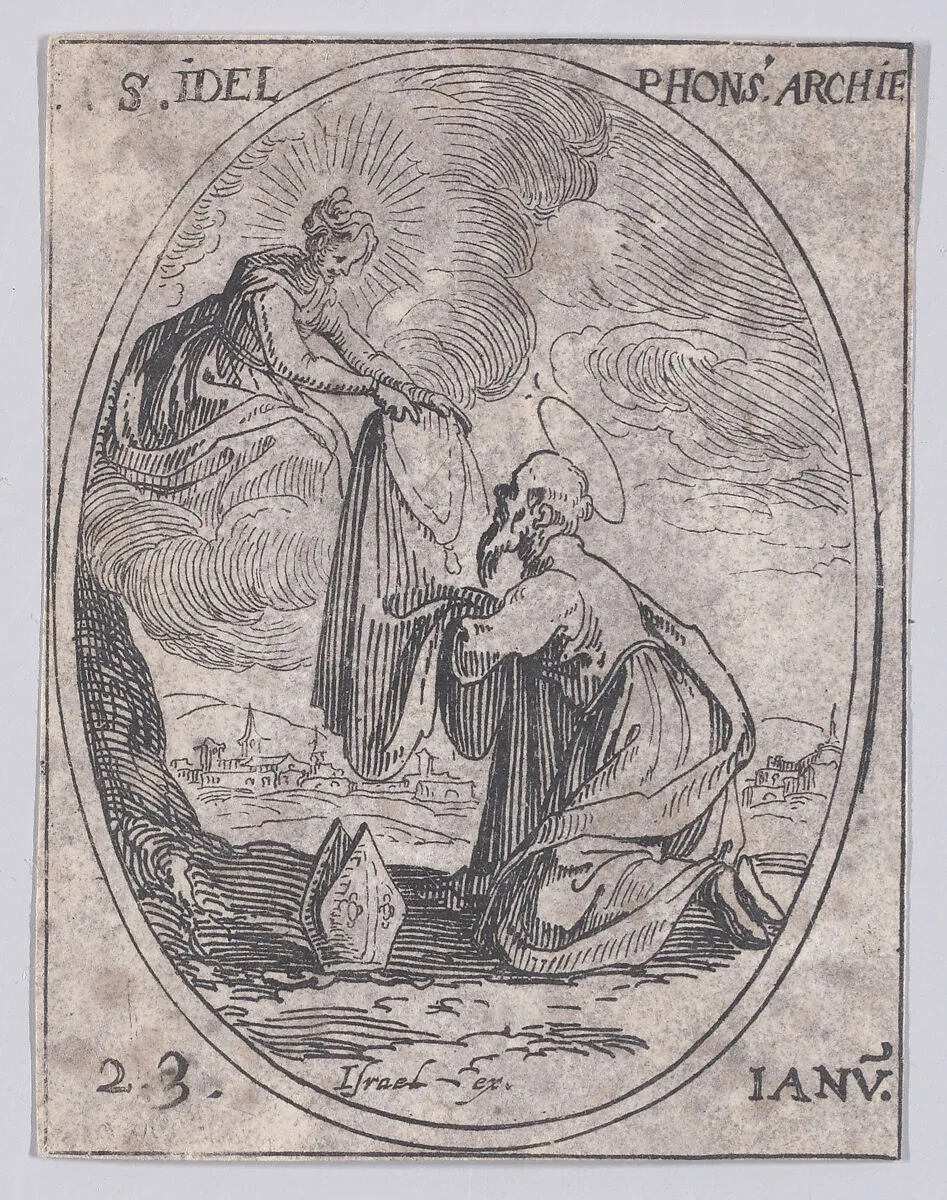 S. Ildelfonse, archevêque (St. Ildefonsus, Archbishop), January 23rd, from "Les Images De Tous Les Saincts et Saintes de L'Année" (Images of All of the Saints and Feast Days of the Year) — Jacques Callot|Israël Henriet