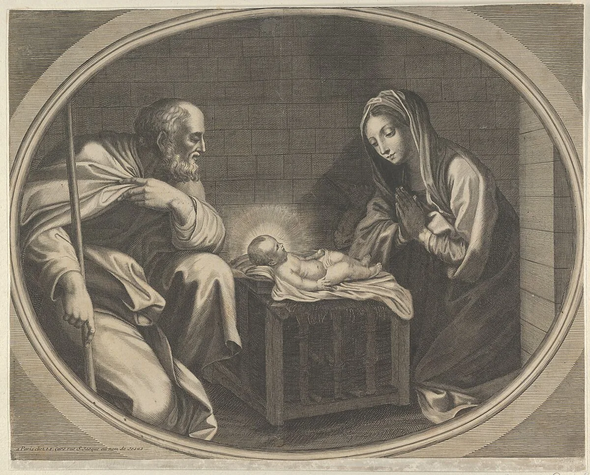 The Virgin kneeling in prayer before the infant Christ who is lying on a wooden box, Saint Joseph at left, a mule at right, in an oval frame, after Reni — Anonymous|Guido Reni|Jean François Cars