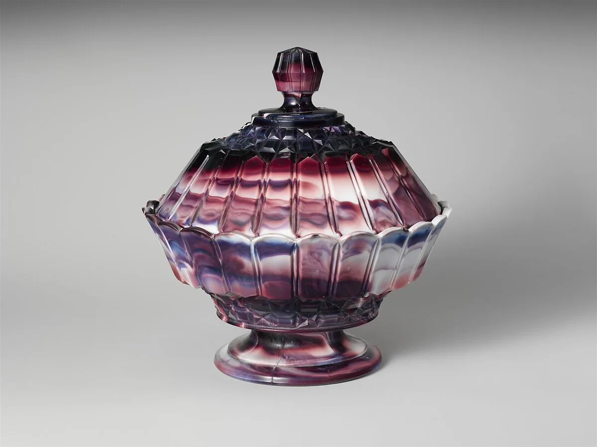 Purple marble glass covered bowl — Challinor, Taylor and Company
