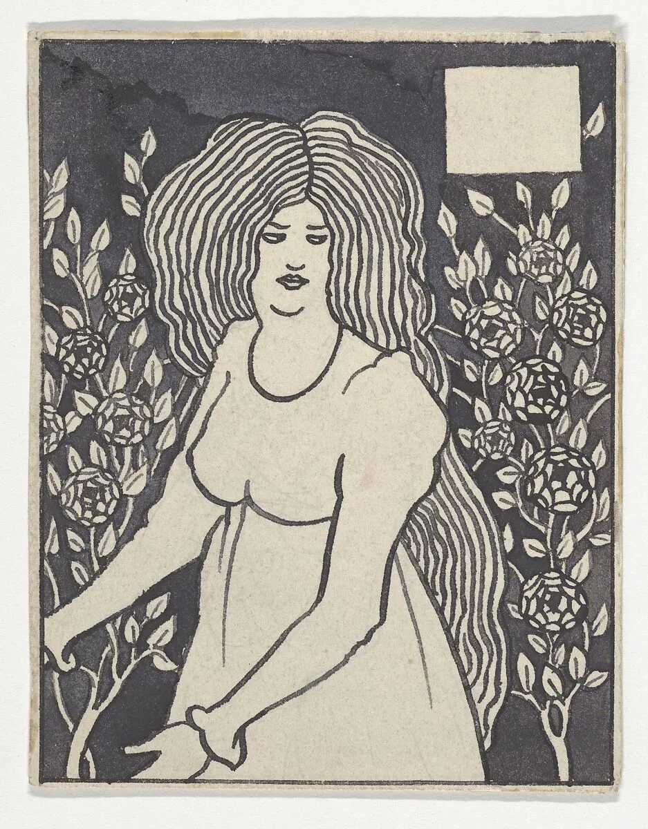 Long-haired Woman in Front of Tall Rosebushes (Chapter Heading, "Le Morte d'Arthur," J. M. Dent, 1893–4, Part IX, book xiii, chapter viii, p. 700, and Part XII, book xxi, chapter viii, p. 972) — Sir Thomas Malory|Aubrey Vincent Beardsley