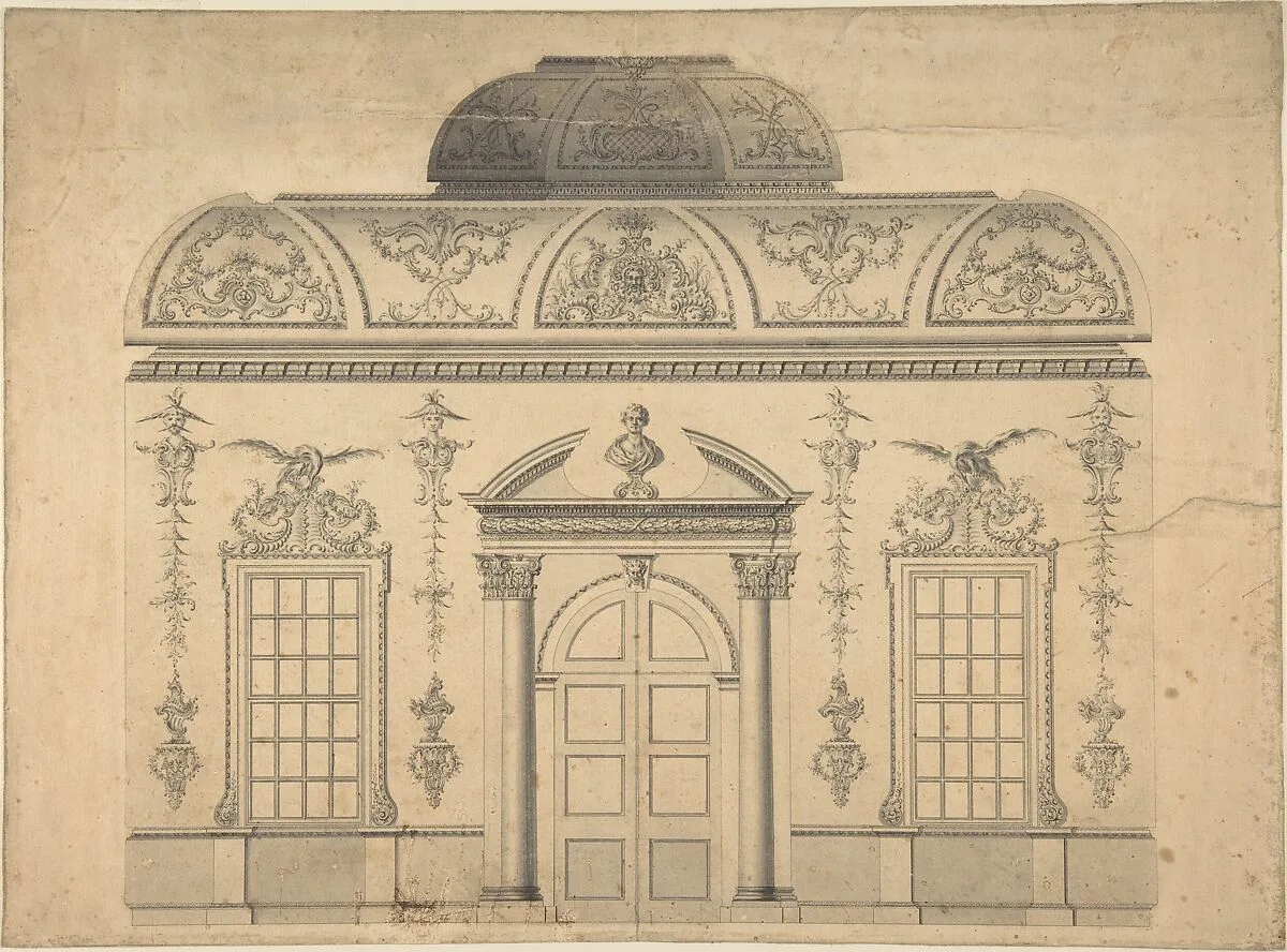 Design for the Decoration of the Window Door Wall of a Rococo Room with a Coved Ceiling and Coved Central Fanlight (Section) — Thomas Lightoler