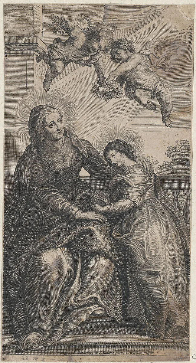 The education of the Virgin, with Saint Anne and the Virgin Mary reading with two putti overhead — Gaspar Huberti|Conraet Woumans|Peter Paul Rubens