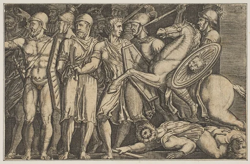 Trajan Fighting the Dacians; Trajan on horseback at right riding towards a group of soldiers at left and trampling two men