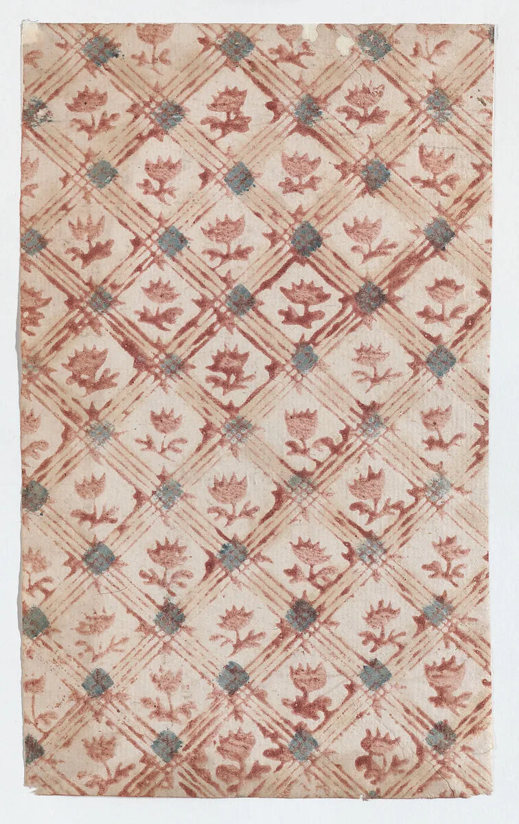 Sheet with grid and floral pattern — Anonymous