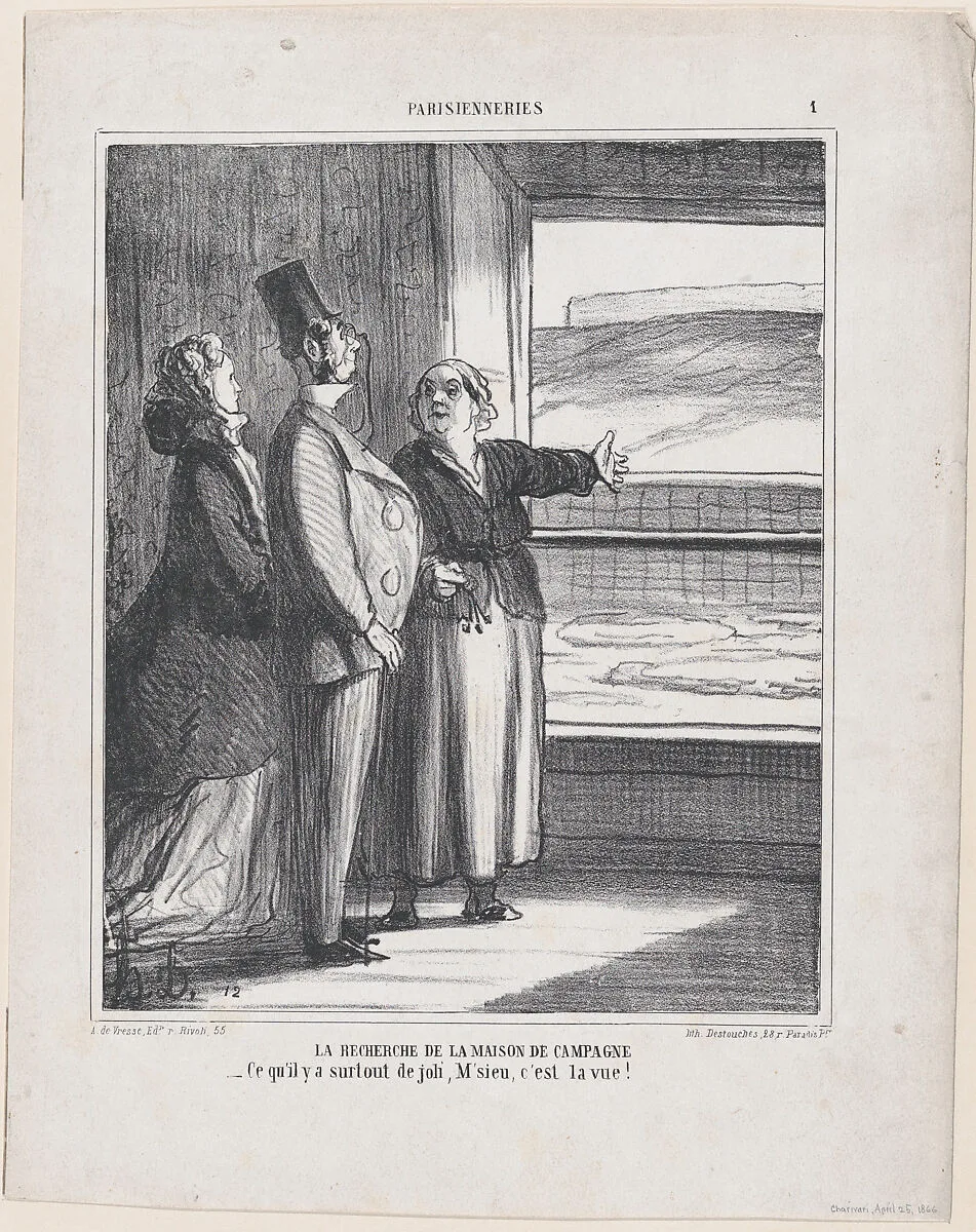 The search for a house in the country: What is especially beautiful, sir, is the view!, from 'Parisian habits,' published in Le Charivari, April 25, 1866 — Arnaud de Vresse|Honoré Daumier|Destouches