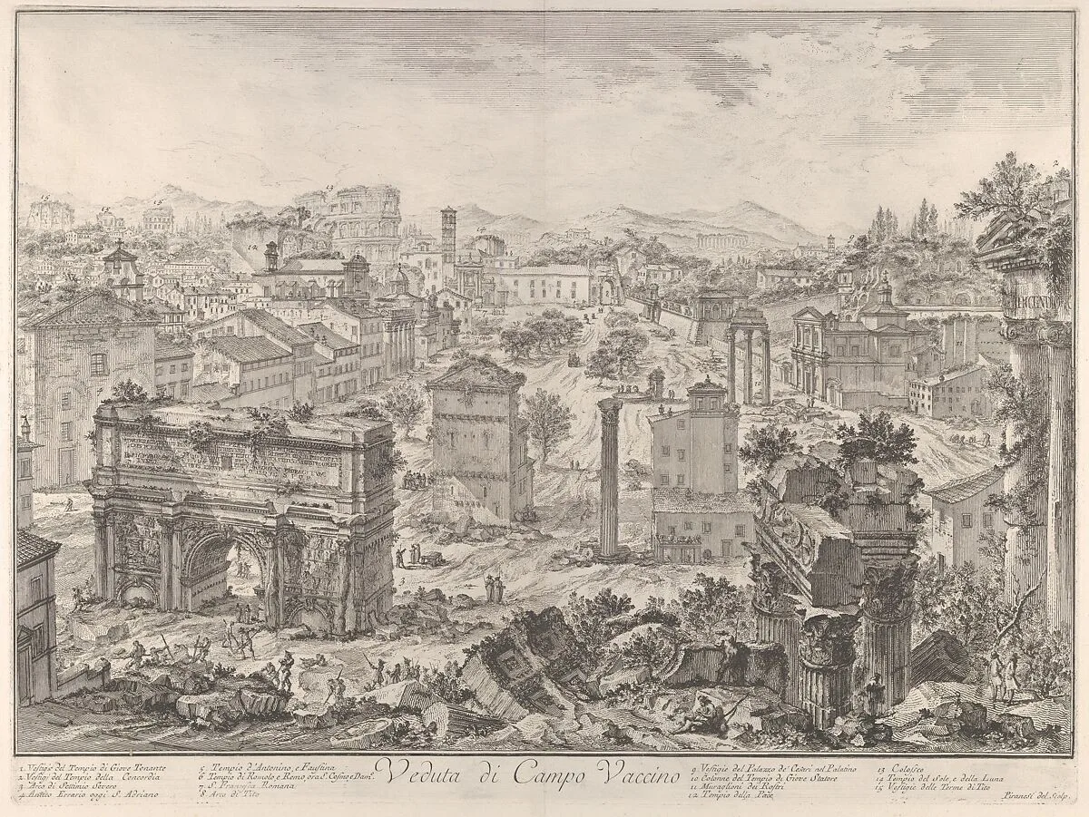 The Forum Romanum, or Campo Vaccino, from the capitol, with the Arch of Septimus Severus in the foreground left, Temple of Vespian right, and the Colosseum in the distance (Veduta di Campo Vaccino), from "Vedute di Roma" — Giovanni Battista Piranesi