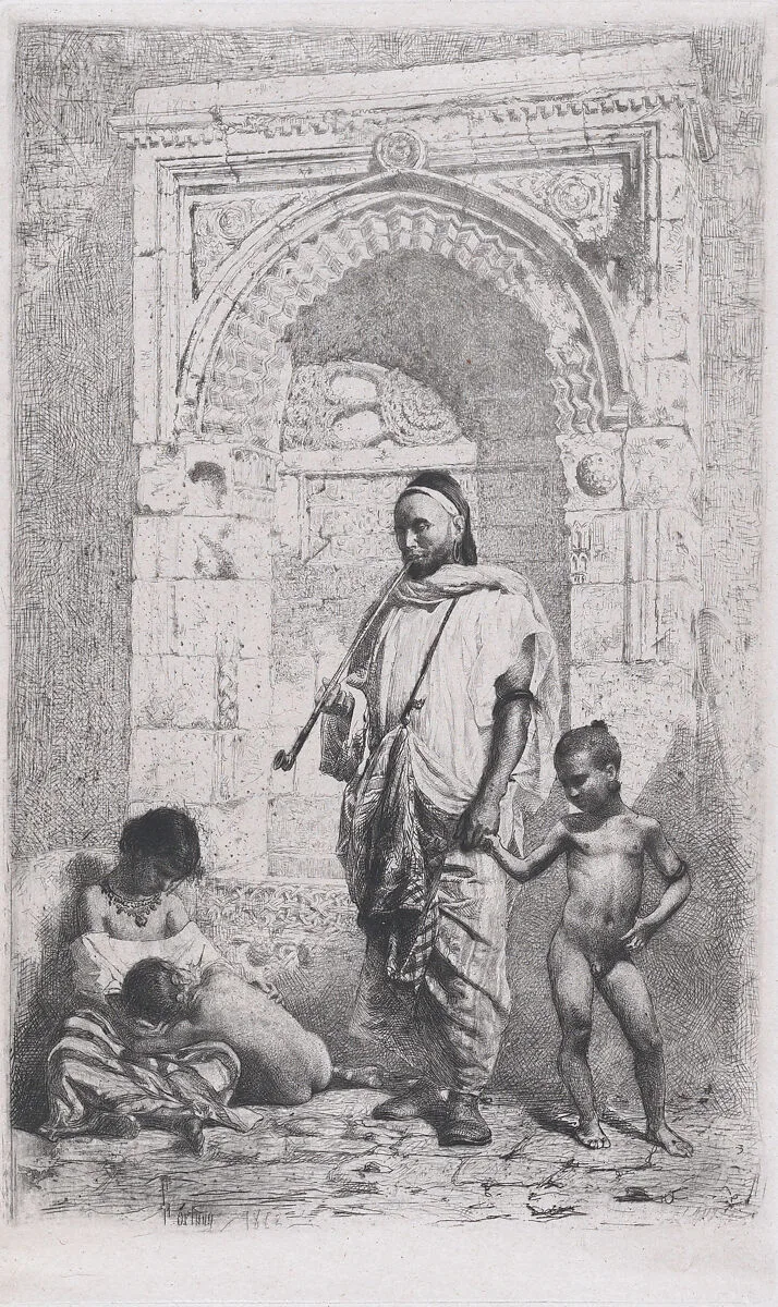 A Moroccan family in front of an arch, father standing, mother lower left on the ground holding a child — Mariano Fortuny, 1838–1874