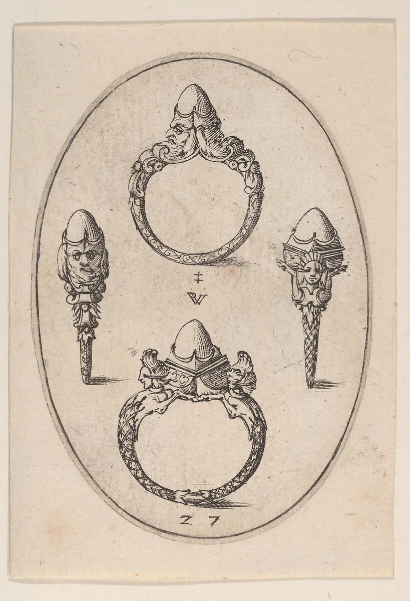 Designs for Four Rings, Plate 27 from 'Livre d'Aneaux d'Orfevrerie' — Pierre Woeiriot de Bouzey II