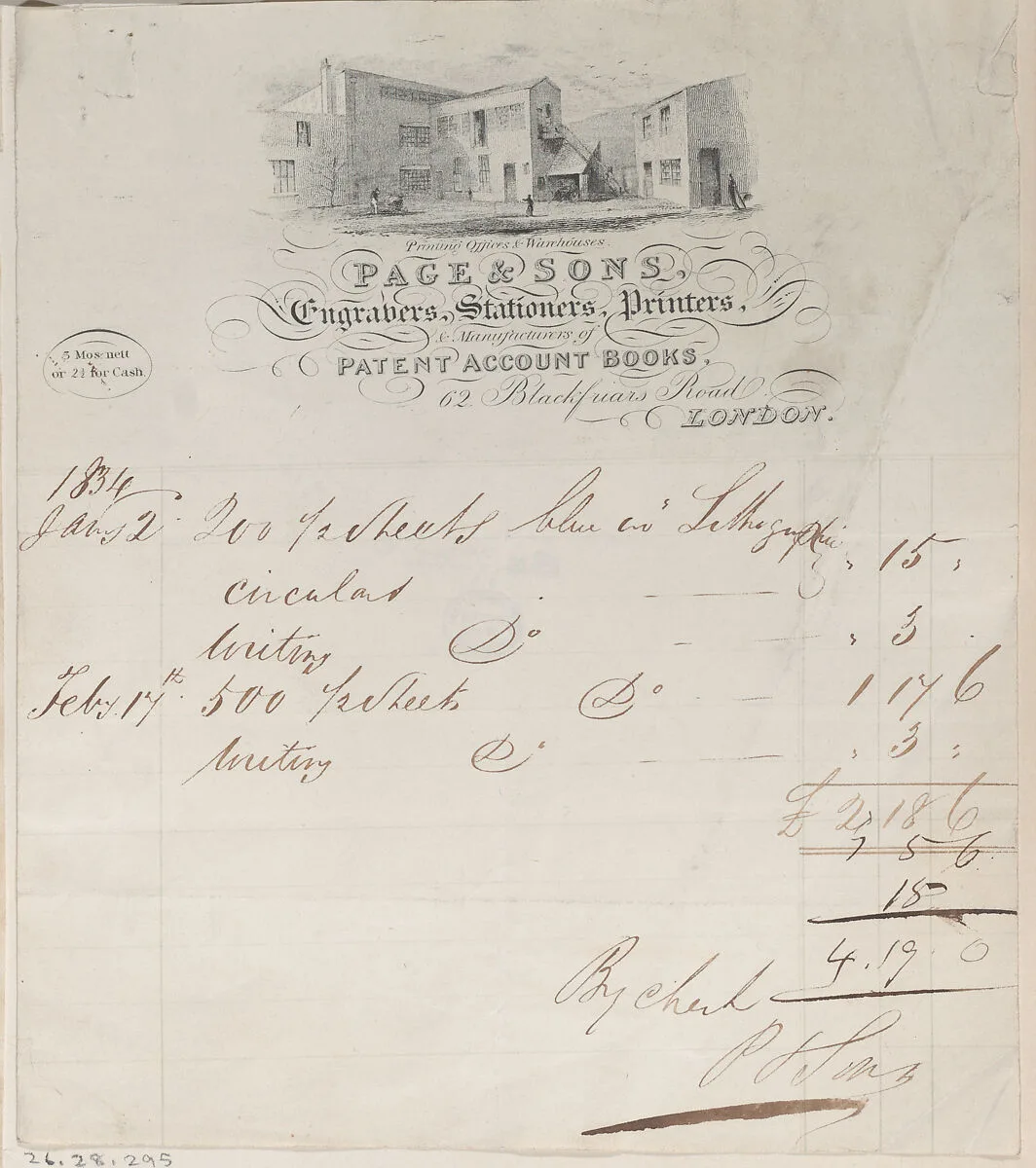 Trade Card for Page & Sons, Engravers, Stationers & Printers — Anonymous, British, 19th century