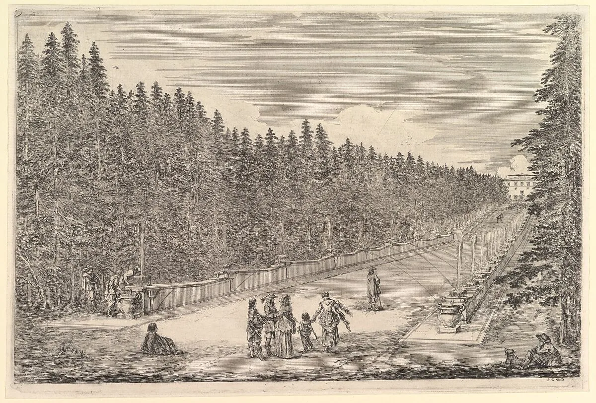 An alley of fountains, a group of people in center, a man and dog seated to right, two men and a woman to left, one of the men tasting the water from the fountain, the villa in background to right, from 'Views of the villa at Pratolino' (Vues de la villa de Pratolino) — Stefano della Bella