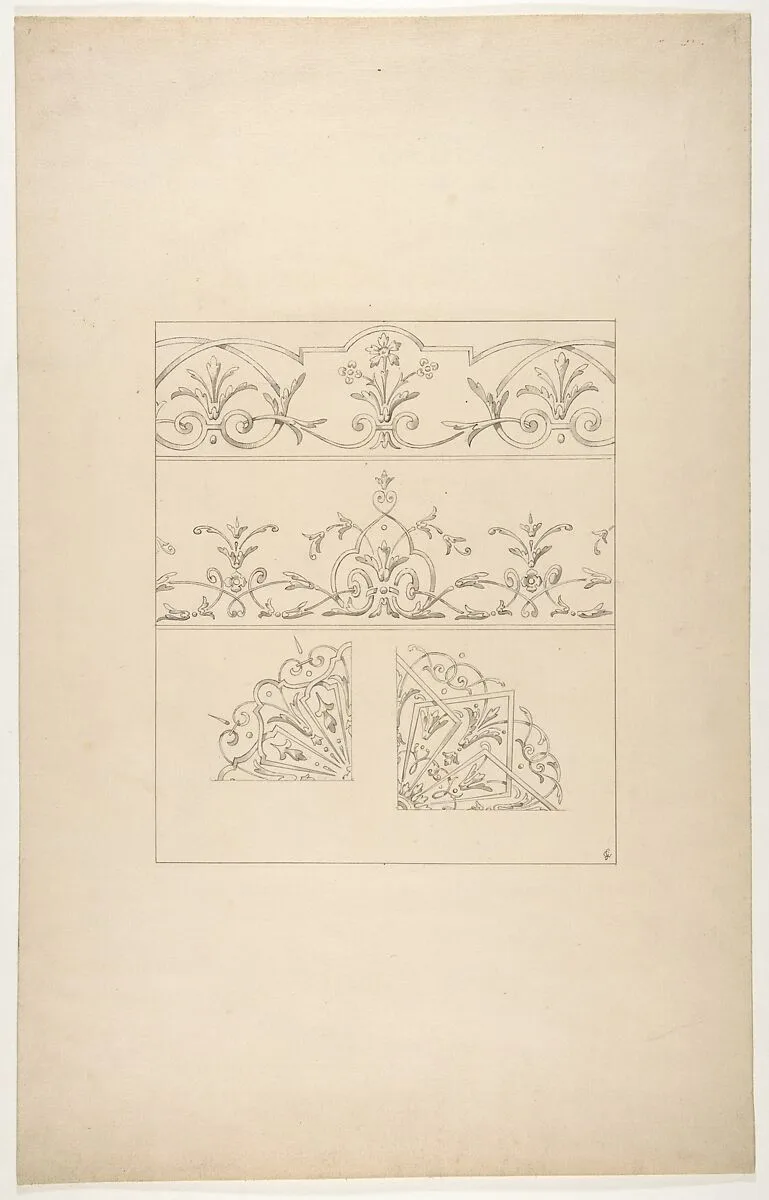 Four designs for decorative patters featuring foliage, flowers, and scrolls — Jules-Edmond-Charles Lachaise|Eugène-Pierre Gourdet
