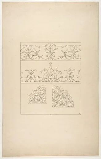 Four designs for decorative patters featuring foliage, flowers, and scrolls